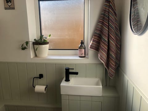 Cloakroom with sage tongue-and-groove panelling, a ceramic basin and black tap