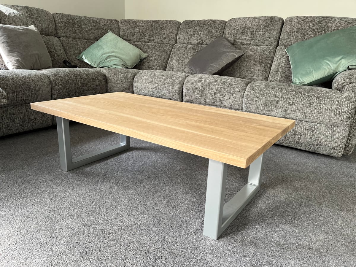 Handmade solid oak coffee table with a painted steel frame